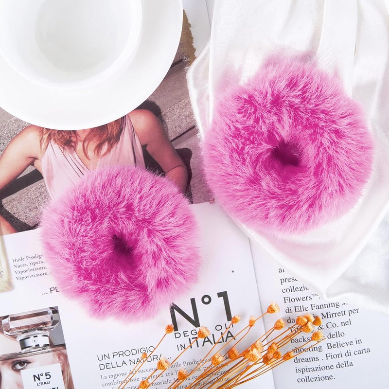 Mljsh 2 PCS Hot Pink Pom Pom Hair Tie Fuzzy Scrunchies Furry Hair Bands With Faux Rabbit Fur Fluffy Elastic Hair Bobbles Ponytail Holders Girls Women Hair Accessories - Image 2